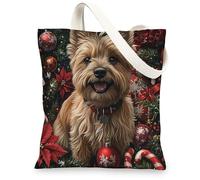 Christmas Cairn Terrier Dog Canvas Tote Bag for Shopping 13x15, Xmas Candy Poinsettia Puppy Reusable Grocery Print Bag for Women Men, Holiday Pet Aesthetic Painting Gift Decor
