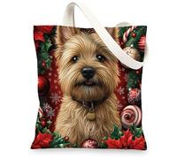 Christmas Cairn Terrier Dog Canvas Tote Bag for Shopping 13x15, Xmas Candy Poinsettia Puppy Reusable Grocery Print Bag for Women, Holiday Pet Beach Aesthetic Painting Gift Decor
