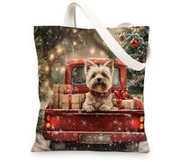 Christmas Cairn Terrier Dog Canvas Tote Bag for Shopping 13x15, Xmas Tree Truck Puppy Reusable Grocery Print Pattern Bag for Women Men, Holiday Fun Aesthetic Painting Gift Decor