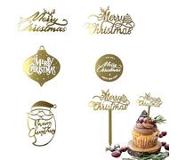 Christmas Cake Decorations,12Pcs Gold Acrylic Santa Claus Tree Antler Merry Christmas Cupcake Toppers, Golden Xmas Cake Toppers for Xmas Party Holiday Supplies