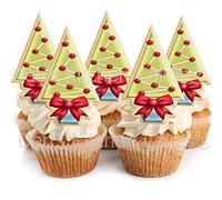 Christmas Cake Decorations - Edible Wafer Cupcake Christmas Trees -Green and Red Trees x 12