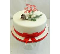 Christmas Cake Pine Cone Spray Red Motto With Red Ribbon & Bow Cake Topper Decoration Complete Set