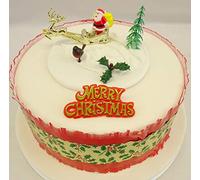 Christmas Cake Santa on a Golden Sleigh, Holly Leaf, Fir Tree, Robin Motto & Frill Set - The Complete Christmas Cake Decoration Topper Set