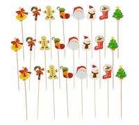 Christmas Cake Topper Long Cupcake Decoration Cartoon Xmas Cocktail Drink Stick Appetiser Buffet Fruit Toothpick 7" (Pack of 24)