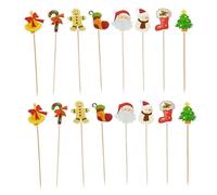 Christmas Cake Topper Long Cupcake Decoration Cartoon Xmas Cocktail Drink Stick Appetiser Buffet Fruit Toothpick 7" (Pack of 16)