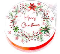 Christmas Cake Topper - Merry Christmas Wreath Cake Decoration - Edible Icing or Wafer - 8" / 20cm Round (Edible Icing)