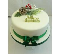 Christmas Cake Topper Pinecone Red & Green Spray Decoration Gold Motto & Green Ribbon Pack - Complete Set