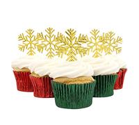 Christmas Cake Topper Silver Gold Snowflake Decorations Frozen Yule Log Cup Cake Cupcake Toppers Plastic Wedding Snowflakes Snow Flake Topper (Gold, 12)