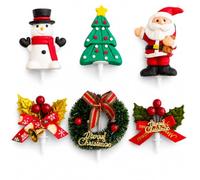 Christmas Cake Toppers Set of 6 | Festive Xmas Cake Decorations Santa Snowman Tree Wreath Holly | Cupcake Topper Picks for Christmas Pudding | Secure 4cm Stick | Party Baking Decoration