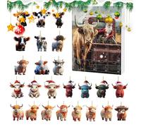 Christmas Calendar Advent Highland Cow 24 Days,Holiday Countdown Calendar Advent 2D Acrylic Highland Cow Ornaments | Animal Charm for Car Rearview Mirror Wall Window Christmas Tree Door Party