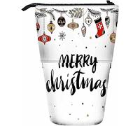 Christmas Calligraphy Telescopic Pencil Stationery Case Pens Storage Box with Zipper Closure for Women Men Boys Girls Modern Celebration Sock Ornament Leaf Baubles