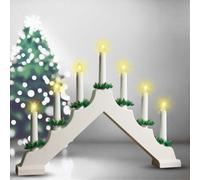 Christmas Candle Bridge 7 Led Battery Operated Wooden Xmas Decoration With 6 Hour Timer For Windowsill Or Table Display - White