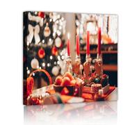 Christmas Candle Canvas Wall Art Holiday Table Mural Festive Tree Pictures Artwork Modern Prints Poster Painting for Indoor Home Decor 80x80cm Innerframe