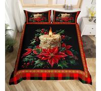 Christmas Candle Duvet Cover Set King Size,European Style Poinsettia Red Aesthetic Flowers Bedding Set,Vintage Red Green Plaids Patchwork Comforter Cover(No Filler) for Young,3 Pcs