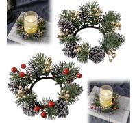 Christmas Candle Rings, 20CM Artificial Red Berries Pinecones Wreath, Xmas Candle Ring Wreath, 2 Pieces Snowy Pine Needles Candle Holder, for Christmas Table Centrepiece