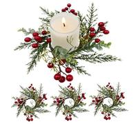 Christmas Candle Rings 4Pcs 7.9 inch Berries Pine Needles Mini Wreath for Pillars Wedding Table Centerpiece Decor- Candle Wreath