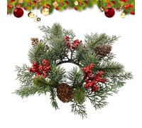 Christmas Candle Rings, Artificial Red Berries Wreath S-nowy Pine Needles Candle Ring for Table Setting, Wine Bottle Decoration, Home Dining Room, Holiday Parties & Christmas Mantel Display