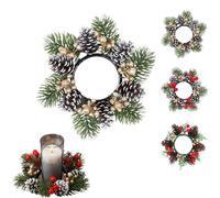 Christmas Candle Rings Wreath,Norfolk Pine Garland Red Berry Pinecones Wreaths,Mini Wreaths,Artificial Berries Snowy Pine Garland Candle Ringss Holder for Xmas Wedding Table Centerpiece