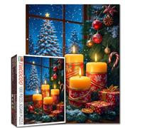 Christmas Candles Window Tree 1000 Piece Jigsaw Puzzle for Adults Students Holiday Lights Snow Outside Cozy Indoor Decor Festive Candlelight Puzzle Art Winter Night Theme 20×27 Inches Family Activity