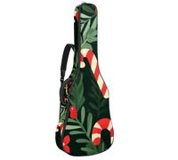 Christmas Candy Cane and Holly Leaves Guitar Bag, Padded Acoustic Guitar Case Backpack with Adjustable Shoulder Strap Pockets