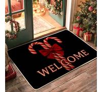 Christmas Candy Cane Doormat, Black Bow Welcome Mat for Festive Indoor & Outdoor Decor, Rubber Waterproof Non-Slip Entrance Mats, Easy Clean 29x17 Inch