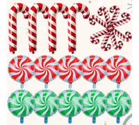Christmas Candy Cane Foil Balloons, 22 Pcs Sweet Round Swirl Mylar Balloons, Red Green Xmas Lollipop Cane for New Year Candies Candyland Theme Birthday Party Decorations