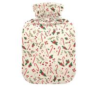 Christmas Candy Cane Mistletoe Pattern Hot Water Bottles with Soft Cover, 1L Water Bag for Hand Feet Warmer