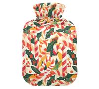 Christmas Candy Cane Mistletoe Pattern Hot Waterbottle with Soft Cover, 1L Warmer Bag for Pain Relief