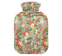 Christmas Candy Cane Mistletoe Pattern Travel Hot Water Bottle with Soft Cover, 1L Warm Compress for Hand Feet Warmer