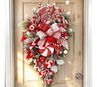 Christmas Candy Cane Teardrop Door Wreath with Red and White Bow, 1 Piece | Large Red Bow, Candy Cane Shapes, Swirl Ornaments, Snowflake Details, PVC Foliage and Wired Red Berries.