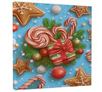 Christmas Candy Canes Wall Art, Red Green Gingerbread Decor, Festive Holiday Canvas Print for Living Room, Bedroom, Kitchen, Home Aesthetic 12x12 Inch
