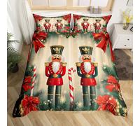 Christmas Candy Duvet Cover Set,Nutcracker Royal Bedding Set for Kids Girls,Gold Snowflake Pine Tree Branch Bed Sets Super King Pink Bowknot Poinsettia Flowers Comforter Cover,Red Christmas Ornaments
