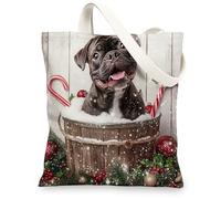 Christmas Cane Corso Dog Canvas Tote Bag for Shopping 13 * 15, Cute Xmas Wood Reusable Grocery Bag for Women, Pet Work Travel Painting Gift Decor