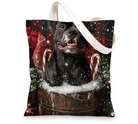 Christmas Cane Corso Dog Canvas Tote Bag for Shopping 13 * 15, Xmas Farmhouse Plaid Reusable Grocery Shoulder Cloth Bag for Women, Pet Painting Gift Decor