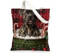 Christmas Cane Corso Dog Canvas Tote Bag for Shopping 13 * 15, Xmas Farmhouse Plaid Reusable Grocery Shoulder Cloth Bag for Women, Pet Painting Gift Decoration