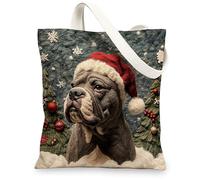 Christmas Cane Corso Dog Canvas Tote Bag for Shopping 13 * 15, Xmas Novelty Tree Reusable Grocery Shoulder Cloth Bag for Women, Pet Painting Gift Decoration