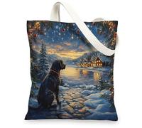 Christmas Cane Corso Dog Canvas Tote Bag for Shopping 13 * 15, Xmas Snowy Scene Reusable Grocery Shoulder Bag for Women, Pet Painting Gift Decor