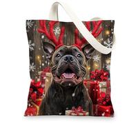 Christmas Cane Corso Dog Canvas Tote Bag for Shopping 13x15, Fun Rustic Xmas Gifts Puppy Reusable Grocery Print Bag for Women, Holiday Pet Aesthetic Painting Gift Decor