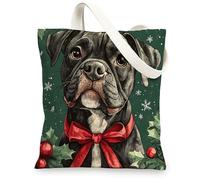Christmas Cane Corso Dog Canvas Tote Bag for Shopping 13x15, Fun Xmas Holly Puppy Reusable Grocery Print Bag for Women, Holiday Pet Aesthetic Painting Gift Decoration