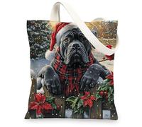 Christmas Cane Corso Dog Canvas Tote Bag for Shopping 13x15, Xmas Farmhouse Cardinal Puppy Reusable Grocery Print Bag for Women Men, Holiday Pet Aesthetic Painting Gift Decor