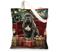 Christmas Cane Corso Dog Canvas Tote Bag for Shopping 13x15, Xmas Tree Truck Puppy Reusable Grocery Print Pattern Bag for Women Men, Holiday Fun Aesthetic Painting Gift Decor