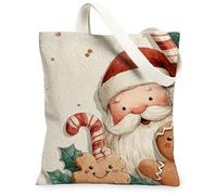 Christmas Canvas Tote Bags, Cute Santa Gingerbread Design Reusable Grocery Bags, Fun Holiday Lightweight Washable Shoulder Strap for Shopping 13x15 Inch