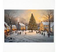 Christmas Canvas Wall Art, Winter Snowy Village Poster, Small Town Winter Landscape Art, Rustic Christmas Tree Pictures for Wall, Snowscape Painting for Festive Holiday Room Decor 12x16in Unframed