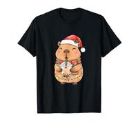 Christmas Capybara Santa Hat with Bubble Tea Xmas Lights T-Shirt