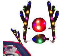 Christmas Car Decoration Set - Reindeer Antlers With LED Light, Red Nose, and Tail - Easy To Install Vehicle Decorations