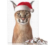 Christmas Caracal Cat with Santa Hat Puzzles for Adults & Teenagers Wooden Puzzles for Adults Secret Santa Gifts 500pcs (52x38cm)