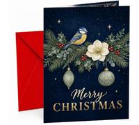 Christmas Card Blue Tit, Holly and Baubles on Navy Night Sky