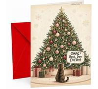 Christmas Card Cat by Tree OMG Best Day Ever Funny