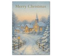 Christmas Card Extra Large A4 - Big Scenic Winter Village Church Scene - XL Luxury Traditional Festive Card - Snowy Cottage & Cosy Lights - Special Large Xmas Greeting - UK Made Eco-Friendly