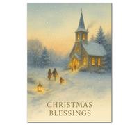 Christmas Card Extra Large A4 - Snowy Church Service Scene - XL Luxury Traditional Greeting - Families with Lanterns at Evening Service - Christmas Blessings Big Festive Card - UK Made Eco-Friendly
